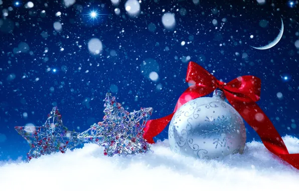 Картинка белый, звезды, снег, красный, узор, игрушки, шар, месяц, серебристый, Новый Год, Рождество, бант, Christmas, праздники, …