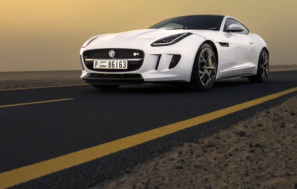 Картинка Jaguar, Car, Dubai, White, Sand, Sport, Luxury, F-Type, Dunes