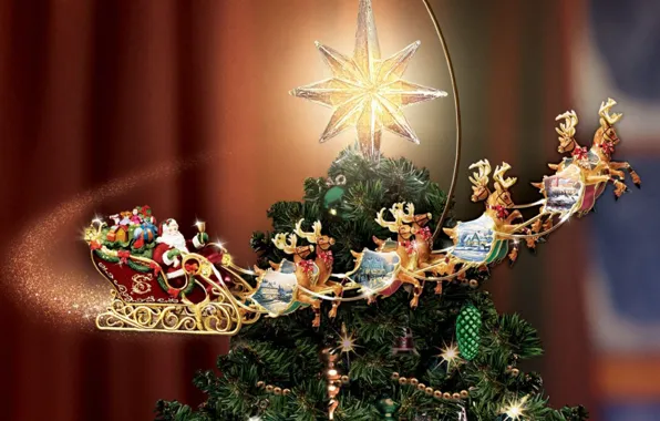 Картинка звезда, елка, Новый год, сани, олени, Thomas Kinkade