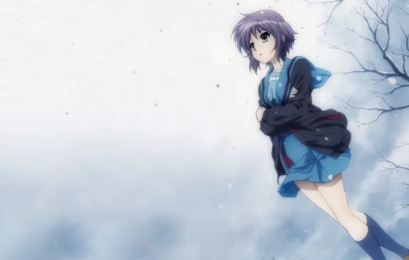 Картинка холод, зима, девушка, снег, ветер, nagato yuki, suzumiya haruhi no yuutsu