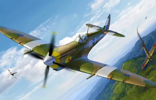 Картинка war, art, airplane, painting, aviation, ww2, Spitfire Mk.VIII