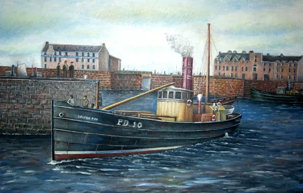 Картинка масло, картина, Шотландия, холст, PD10 &quot;Золотой жезл&quot;, рыбацкая гавань, сейнер, порт Peterhead