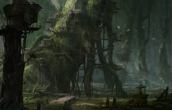 Картинка лес, птицы, мост, дерево, болото, дом на дереве