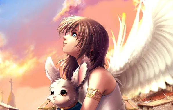Картинка девушка, крылья, зверушка, аниме