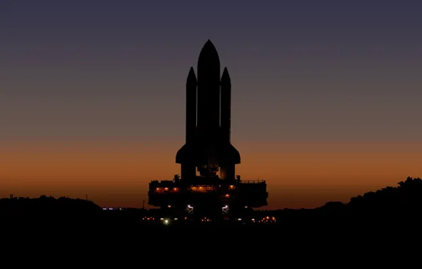 Картинка lights, NASA, Shuttle, sunset, silhouette, launch platform