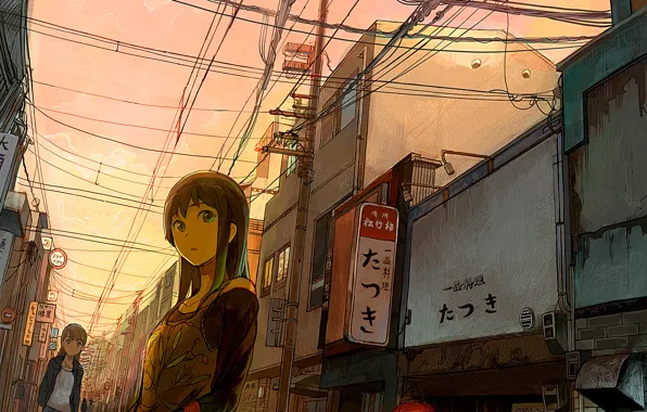 Картинка взгляд, город, улица, провода, япония