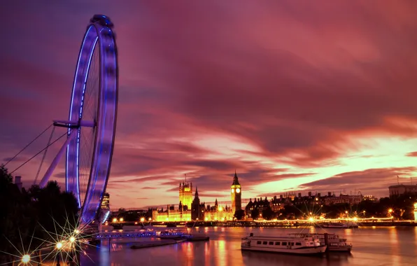 Картинка огни, река, Англия, Лондон, вечер, подсветка, Великобритания, Темза, архитектура, набережная, river, столица, London, England, London …
