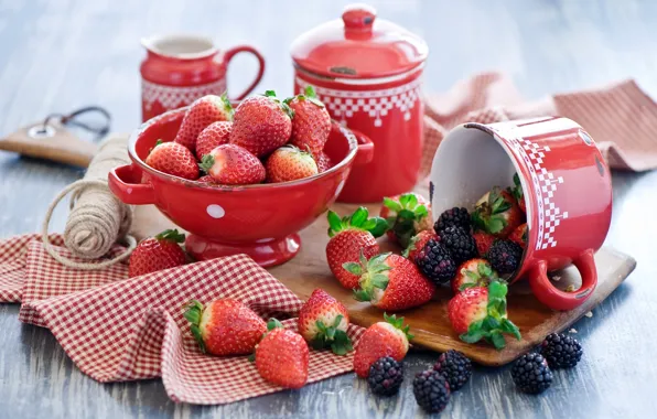Картинка лето, ягоды, клубника, посуда, ежевика