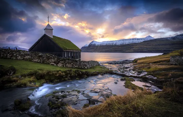 Картинка Sunrise, Church, Faroe Island