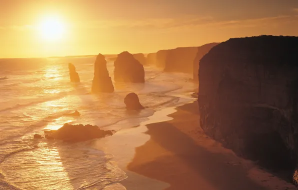 Картинка Nature, Rock, Beach, Sun, Sunset, Wallpaper, Photo, Sand, Australia, Evening, View, Ocean, Multi-Monitors, 12 apostles