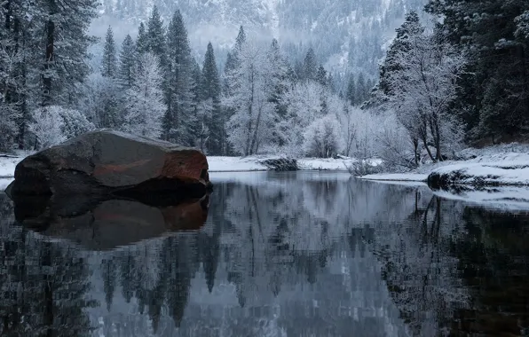 Картинка зима, лес, озеро, камень, Калифорния, США, Йосемити, национальный парк, штат