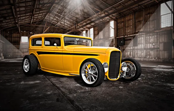 Картинка желтый, ретро, ангар, классика, hot-rod, classic car