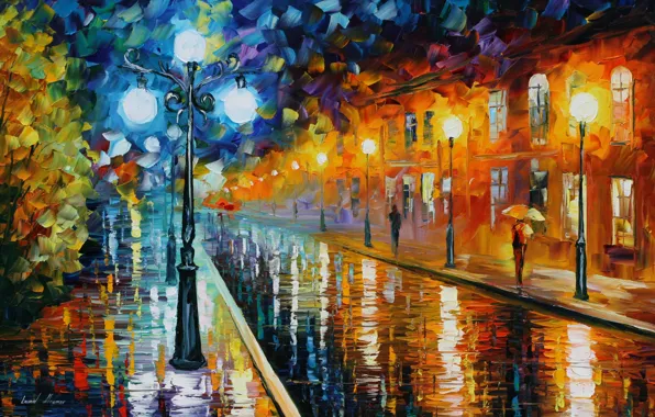 Картинка дорога, зонтик, люди, дома, фонарь, погода, Leonid Afremov, дождливая