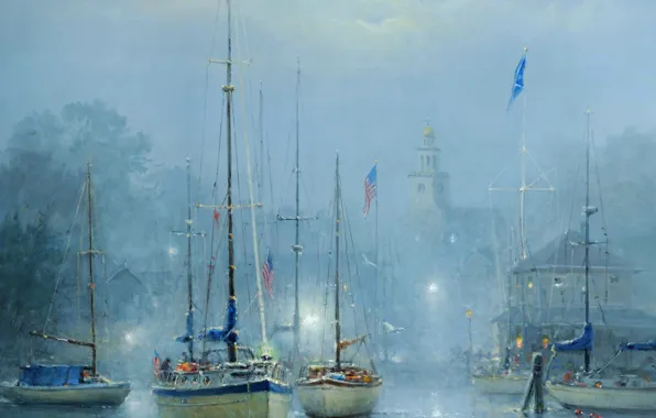 Картинка город, туман, картина, лодки, гавань, Harvey G