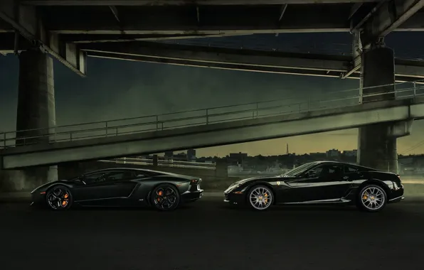 Картинка Lamborghini, Ferrari, Bridge, Night, LP700-4, Aventador, Supercars, Суперкары, 599 GTB