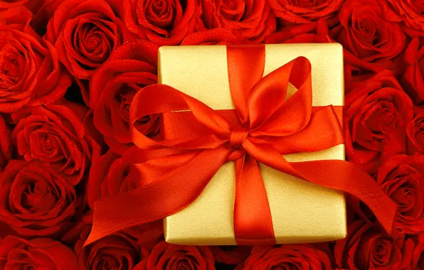 Картинка капли, цветы, коробка, подарок, розы, лента