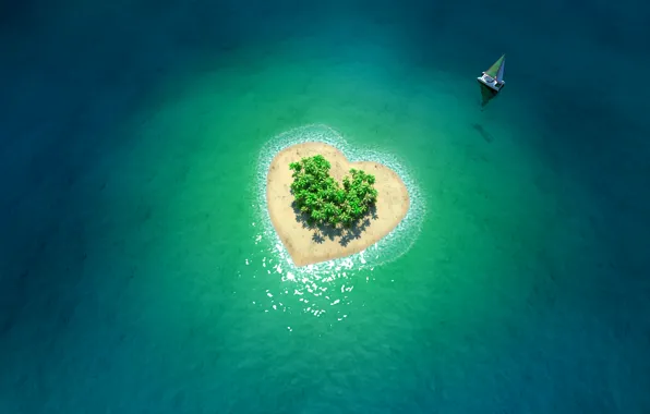 Картинка океан, лодка, сердце, остров, tropical island in form of heart