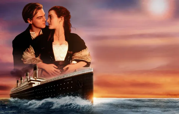Картинка любовь, закат, корабль, пара, Титаник, love, sunset, Леонардо ДиКаприо, Titanic, Роуз, ship, Kate Winslet, Кейт …