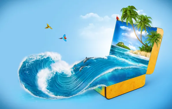 Картинка море, пальмы, креатив, волна, дельфины, чемодан, попугаи