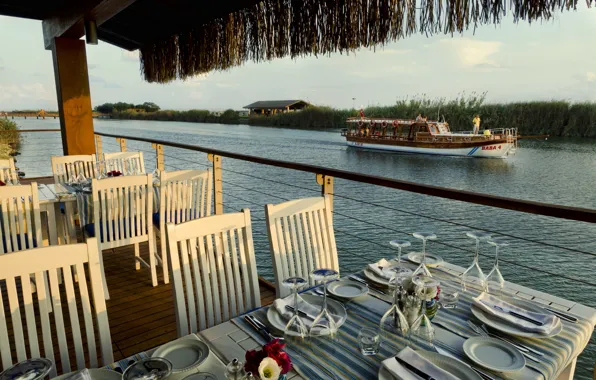 Картинка река, лодка, ресторан, restaurant on the water