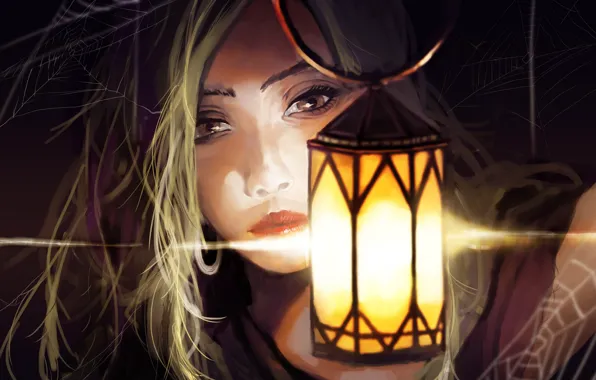 Картинка девушка, крупный план, паутина, светильник, цифровая живопись