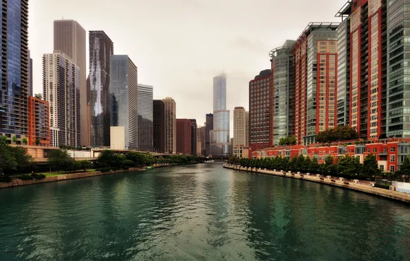 Картинка Чикаго, канал, США, небоскрёбы.