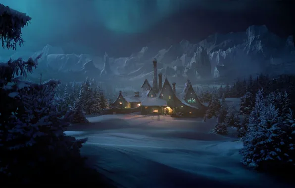 Картинка снег, деревья, горы, огни, дом, Зима