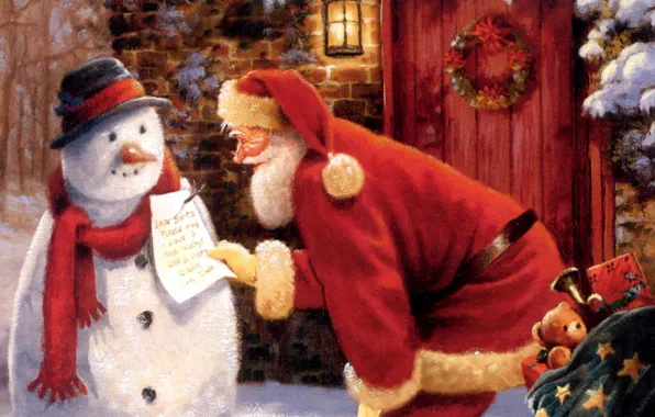Картинка записка, снеговик, мешок, Дед Мороз