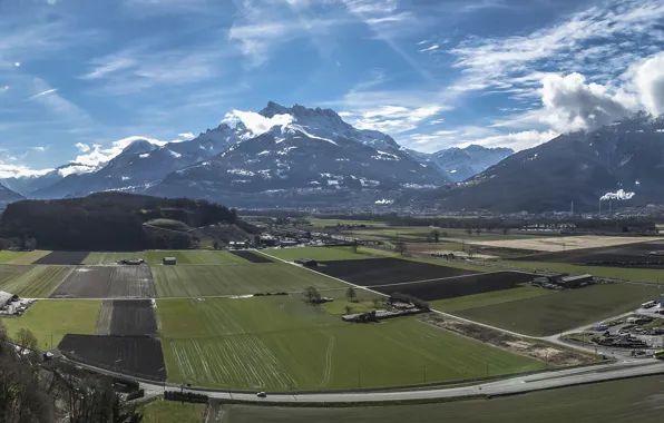 Картинка горы, поля, Швейцария, Switzerland, panorama