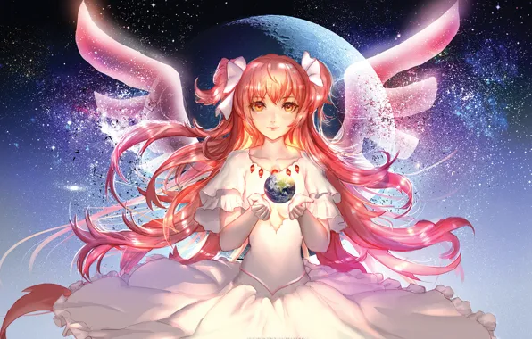 Картинка девушка, планета, крылья, платье, арт, рыжая, сфера, anime, madokami