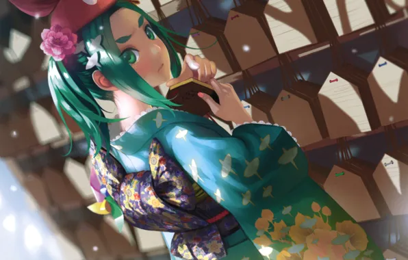 Картинка вертушка, таблички, прическа, кимоно, зеленые волосы, Bakemonogatari, Истории чудовищ, Yotsugi Ononoki, by Vofan