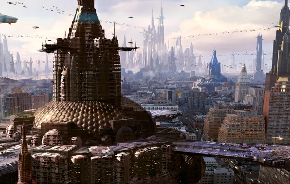 Картинка город, будущее, небоскребы, мегаполис, рендер