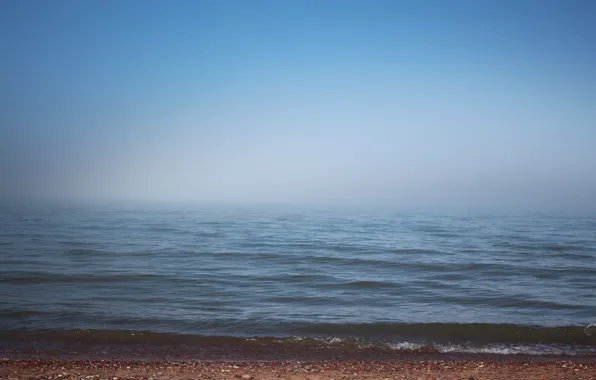 Картинка песок, море, небо, вода, туман, камни, волна, горизонт
