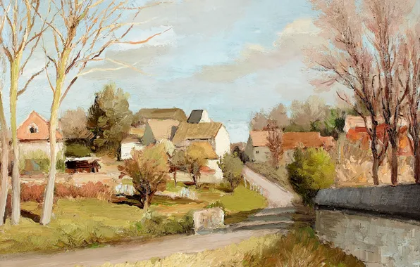 Картинка дорога, деревья, пейзаж, дома, картина, Марсель Диф, Три тополя в Нофль-ле-Шато