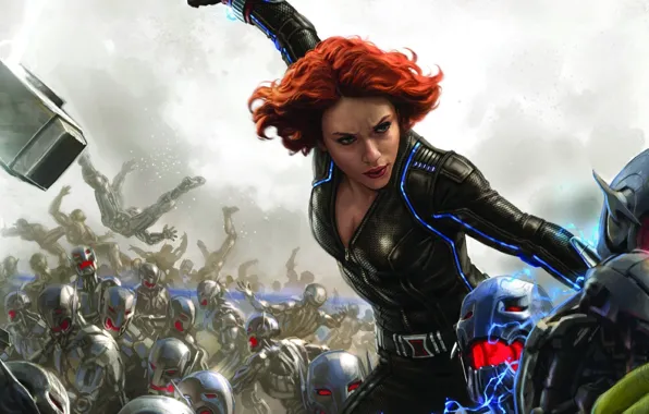 Картинка Scarlett Johansson, battlefield, girl, Fantasy, red hair, woman, war, Marvel, redhead, battle, robots, film, Black …