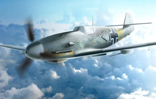 Картинка рисунок, арт, Messerschmitt, Люфтваффе, одномоторный поршневой истребитель-низкоплан, Bf.109F-4/R6
