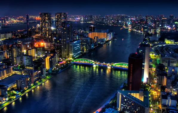 Картинка ночь, мост, огни, река, здания, Япония, Токио, Tokyo, мегаполис