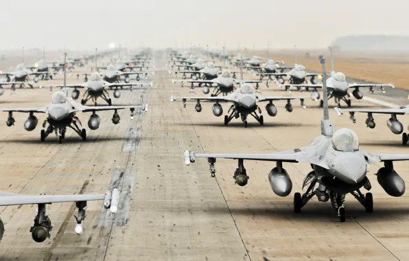 Картинка Самолет, Истребитель, Оружие, США, Много, ВВС, Многоцелевой, Одноместный, F 16, Взлетная полоса, F 16A