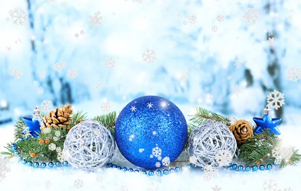 Картинка шарики, снежинки, фото, Рождество, Новый год, шишки, праздники