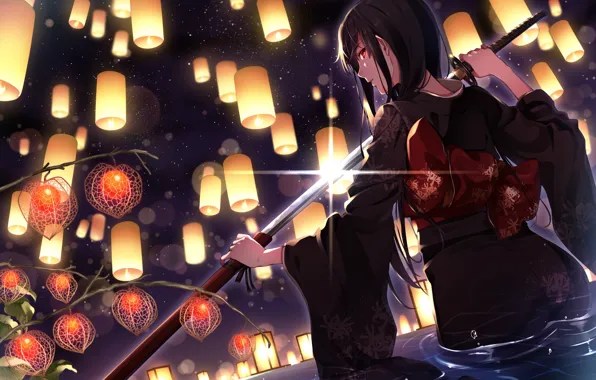 Картинка девушка, меч, фонари, кимоно, anime, art