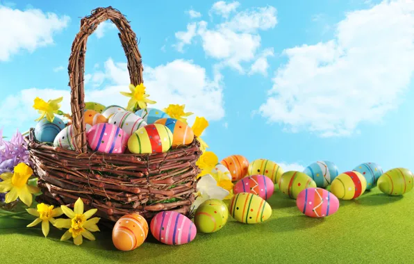 Картинка цветы, корзина, яйца, Пасха, flowers, spring, Easter, eggs