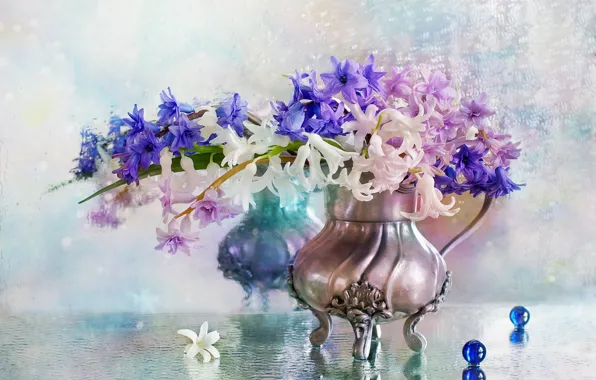 Картинка вода, капли, шарики, цветы, ваза, гиацинты