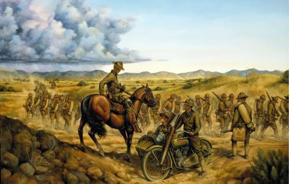 Картинка люди, война, лошадь, мотоцикл, солдаты, Arizona, мексика, On the Border by Donna Neary, Mexican, August …