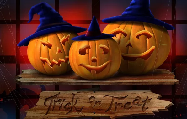 Картинка ночь, доски, паутина, тыквы, три, Halloween, хэллоуин, черный кот, светильник Джека, шляпа ведьмы, Trick-or-Treat