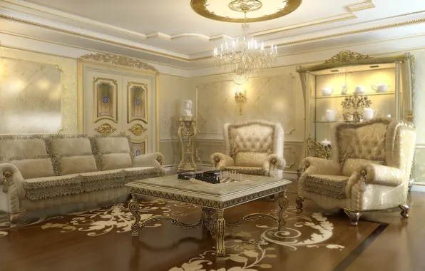 Картинка комната, диван, мебель, интерьер, кресла, люстра