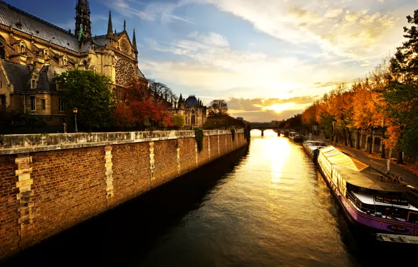 Картинка река, рассвет, Париж, утро, Нотр-Дам