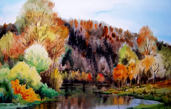 Картинка river, landscape, tree, Water color painting