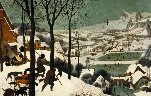 Картинка vintage, animals, wood, winter, snow, dogs, hunter, oil, hunters, painter, older, dutch, Bruegel