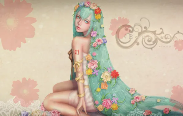 Картинка цветы, розы, ромашки, платье, сидит, Hatsune Miku, Vocaloid, Flower Crown, Semi-realism, хатсуне, вокалоид. мику, Realistic
