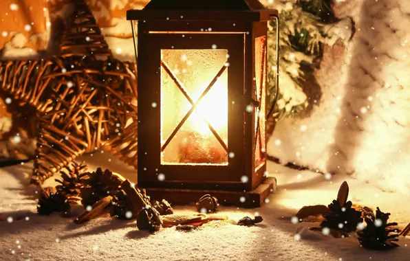 Картинка зима, свет, снег, свеча, фонарик, фонарь, шишки